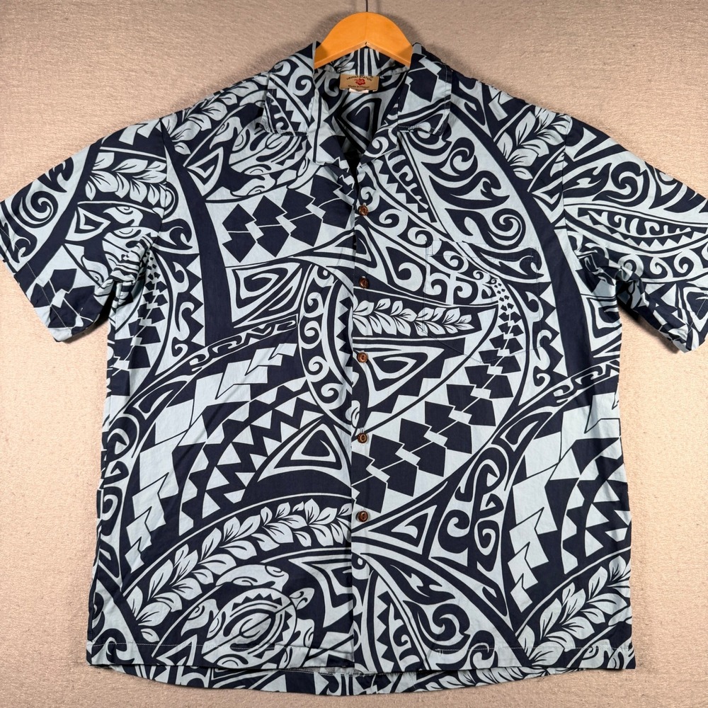 Hawaii Station Mens Tribal Polynesian Print Hawaiian Shirt Navy Blue XL